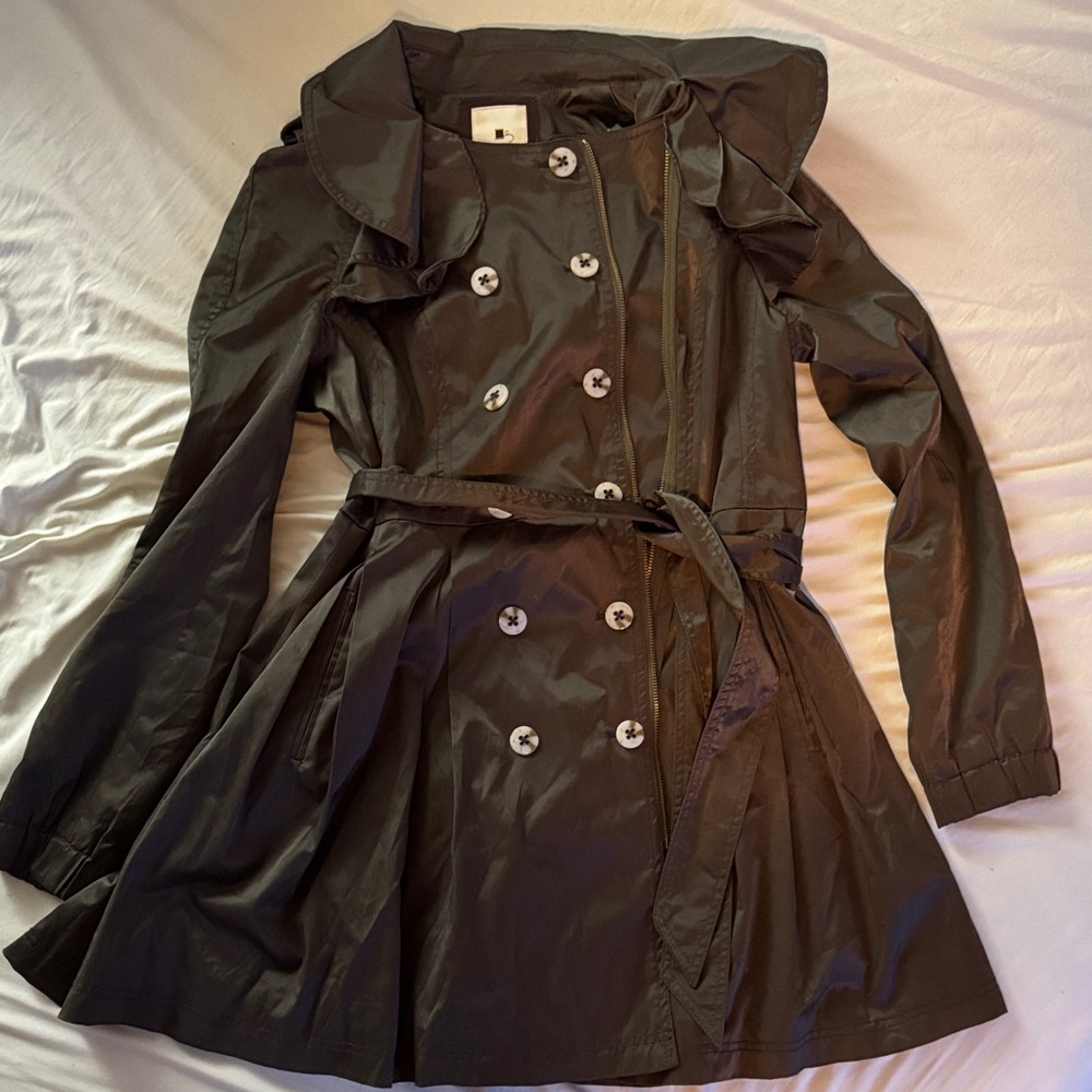 Elevenses Anthropologie Dark Olive Cropped Trench Coat Size 10 Belted Flare